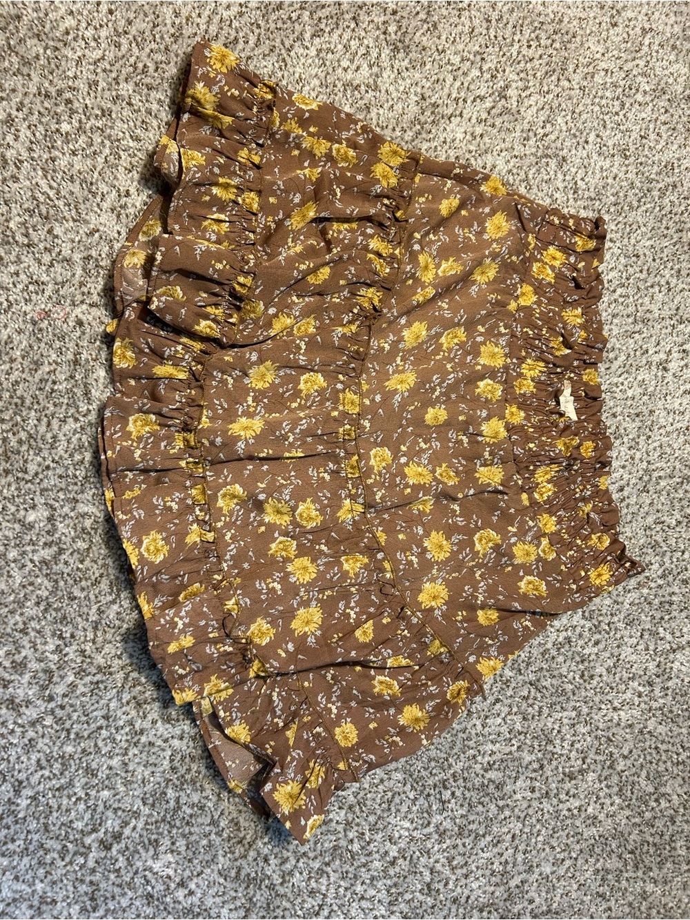 Altar'd State Brown Floral Ruffle Mini Skirt with Yellow Flowers